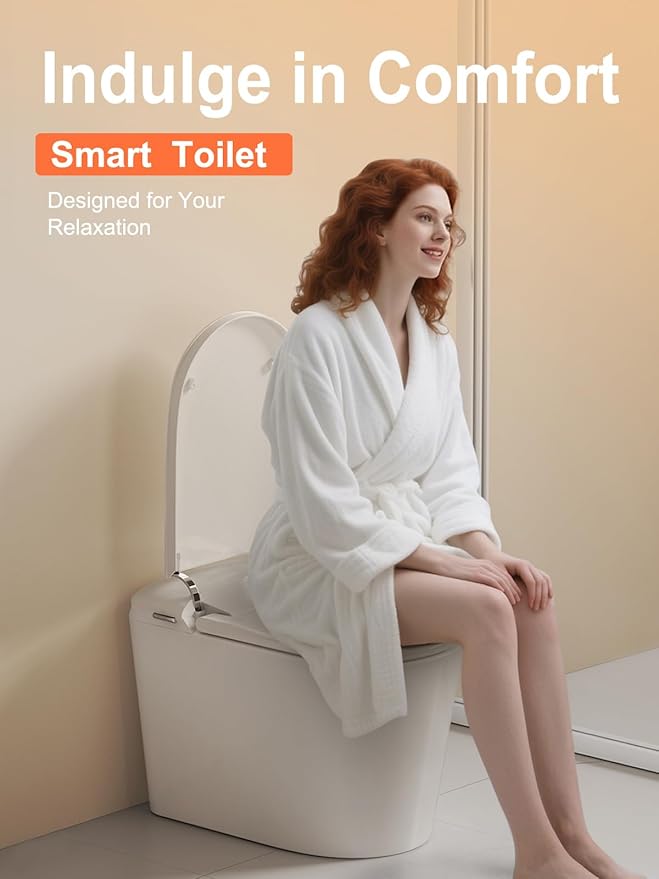 Smart Toilet - ADA Height Heated Seat, Tankless Auto-Flush, Foot Sensor, Night Light, Modern Elongated One-Piece for Bathrooms