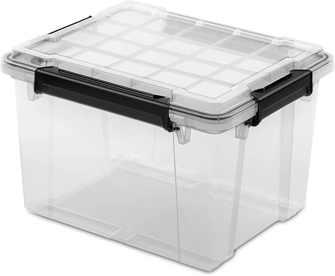34 Quart Small Gasket Container, IP68 Waterproof Clear Plastic Storage Bin with Lid, Heavy Duty Latches and Rubber Seal, Black