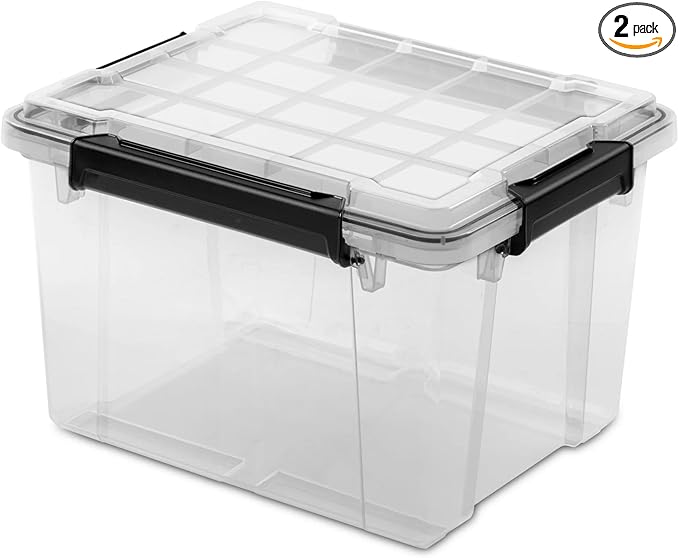 2 Pack 34 Quart Small Gasket Container, IP68 Waterproof Clear Plastic Storage Bin with Lid, Heavy Duty Latches and Rubber Seal, Black