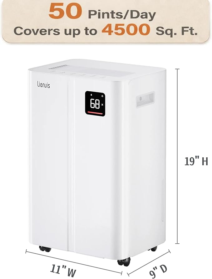 50 Pint Dehumidifier for Large Rooms & Basements, Up to 4,500 Sq.Ft, Automatic Humidity Control with Continuous Drain, Quiet 40dB, 24-Hour Timer, Wheels & Child Lock