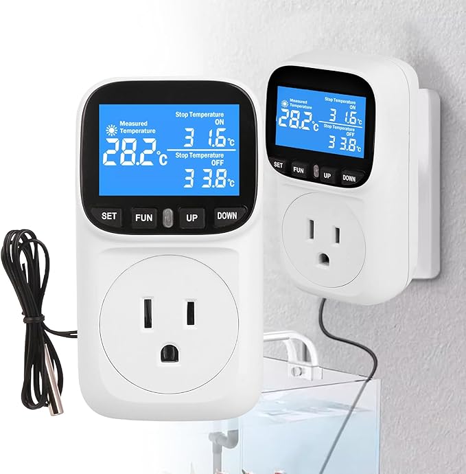 Digital Temperature Controller, Heavy Duty 15A/1800W Thermostat Outlet Plug, VA Display Heating Cooling Control Timer, -40℉~210℉, Cyclic Timing/Countdown, for Greenhouse Incubator Homebrew