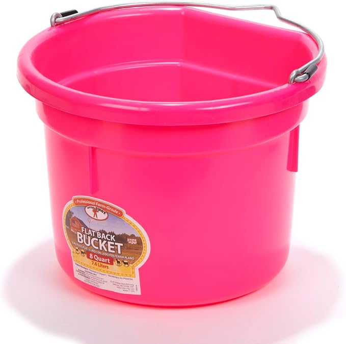 Little Giant® Flat Back Plastic Animal Feed Bucket | Animal Water and Feed Bucket with Metal Handle | 8 Quarts | Hot Pink