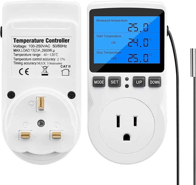Diymore Digital Thermostat Controller - Plug-in Temperature Controller for RVs, Reptile Terrariums, and Greenhouses (1800W, -40°F to 248°F)