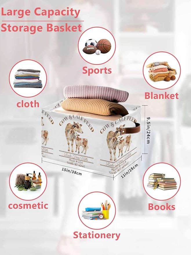 Beige Farm Animals Storage Bins Cubes Waterproof Cloth Storage Basket, Cow Farmhouse Foldable Storage Bags for Shelf Closet Clothes Storages Organizers with Handles 15x11x9.5 in 2PCS