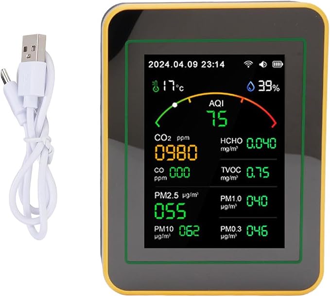 Yctze 15 in 1 Air Quality Detector, WiFi APP Control CO2 HCHO TVOC PM2.5 PM10 Temperature Humidity Monitor with Smart Timer & Real Time Data, Ideal for Indoor Air Quality Testing (Black Yellow)