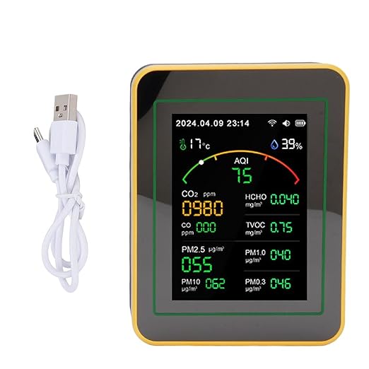 Eujgoov Air Quality Detector, 15 in 1 WiFi APP Control CO2 HCHO TVOC PM2.5 PM10 Temperature Humidity Monitor with Smart Timer and Real Time Data, for Indoor Air Quality Testing (Black Yellow)