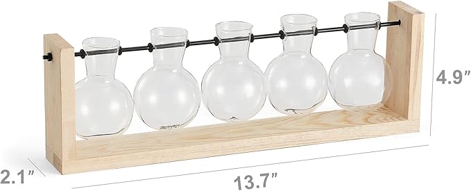 Mkono Plant Terrarium with Wooden Stand, Wall Hanging Glass Planter Desktop Plant Propagation Vase with Metal Swivel Retro Rack for Hydroponics Plants Home Office Decor (5 Bulb Vase)