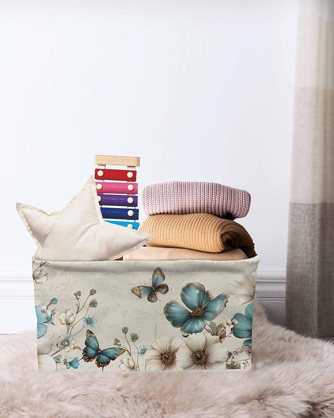 Teal Tulip Butterfly Storage Bins Cubes Waterproof Cloth Storage Basket,Turquoise Floral Farmhouse Beige Foldable Storage Bags for Shelf Clothes Storages Organizers with Handles 15x11x9.5 in 2PCS
