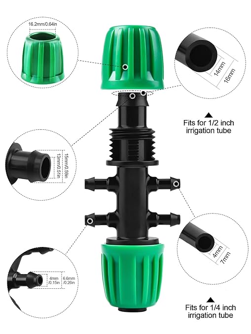 Kalolary 10PCS Barbed Tee 1/2 inch to 1/4 inch Irrigation Tube Anti-Drop Premiun Quality Fitting (fits 13mm ID/ 4mm ID), 16mm PE Pipe Lock Female Connector to 47 Pipe Variable Diameter Six-Way Adapter