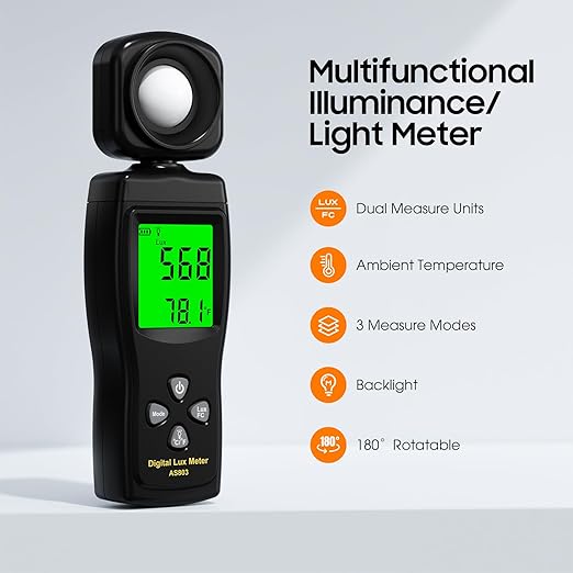 Digital Illuminance Light Meter, 0~200,000 Lux Range with 180º Rotating Sensor Light Meter Foot Candles, Backlight LCD Display, Handheld Light Meter for Plants, Photography, Indoor, Film Camera