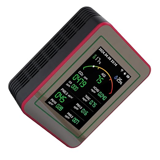 Air Quality Tester 15 in 1 Design 2.8 Inch HD Display CO2 TVOC HCHO PM2.5 Temperature Humidity Timer WiFi Air Quality Detector (Black+Red)
