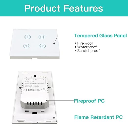 BSEED 4 Gang Smart Switch - Alexa WiFi Light Switch, Touch Control, Timer Function, Compatible with Alexa, Google Assistant, Remote Control