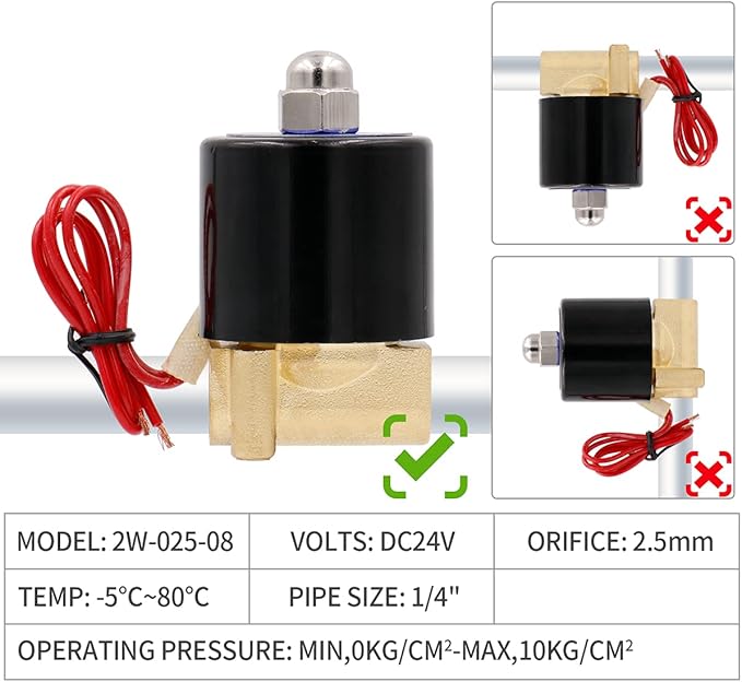 BAOMAIN 1/4" DC 24V Brass Electric Solenoid Valve, Normally Closed (N/C) 2W-025-08 for Water, Air, Gas & Low Viscosity Oil