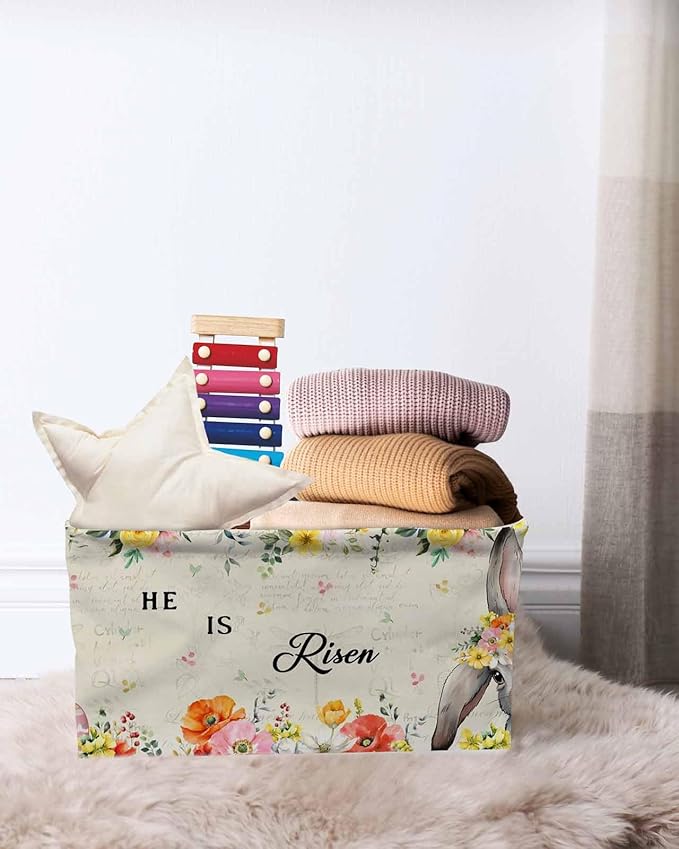 Easter Storage Bins Cubes Waterproof Cloth Storage Basket, Spring Watercolor Vintage Bunny Eggs Flower Foldable Storage Bags for Shelf Closet Clothes Storages Organizers with Handles 15x11x9.5 in 1PCS