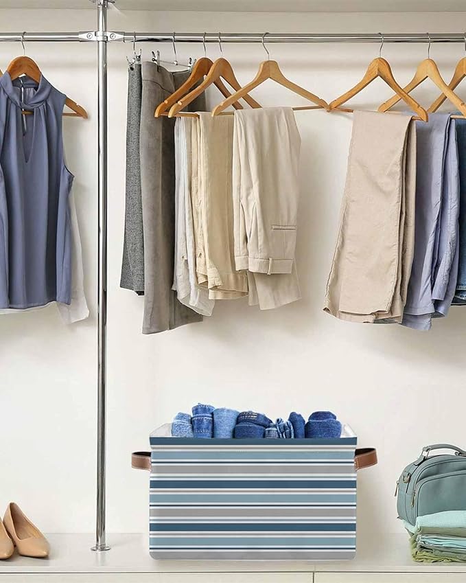 Blue Grey Striped Storage Bins Cubes Waterproof Cloth Storage Basket,Farmhouse Stripes Modern Abstract Art Foldable Storage Bags for Shelf Clothes Storages Organizers with Handles 15x11x9.5 in 1PCS
