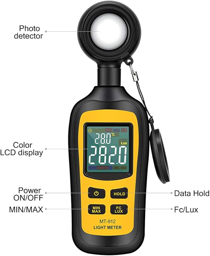 Light Meter Digital Illuminance Meter Handheld Ambient Temperature Measurer, Range up to 200,000 Lux, Luxmeter with 4 Digit Color LCD Screen