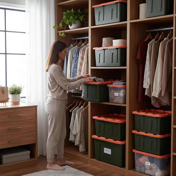 27 Gallon Heavy Duty Storage Container with Lid, Plastic, Durable and reusable, used indoor and outdoor, 20.6" D x 30.6" W x 14.3" H, 4 Pack Or 8 Pack ! (Orange and Camo, 8 Pack)