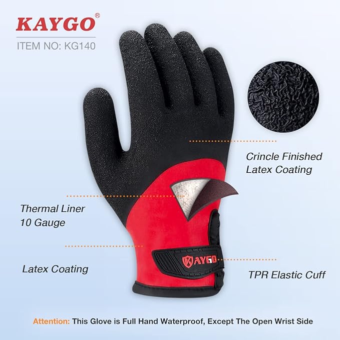 KAYGO Waterproof Thermal Work Gloves for Men and Women, 3 Pairs Full Hand Latex Coated, Acrylic Insulated Liner for Freezer Cold Weather, Fine Crinkle Grip,KG140W,Red,XL