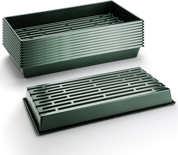 RooTrimmer 10 Pack 1020 Trays No Holes-Reusable Nursery Flats for 50/72 Cell Plug Tray, Heavy Duty Seed Starter Trays for Transplant, Seed Starting, Plant Propagation & Seed Germination (Dark Green)