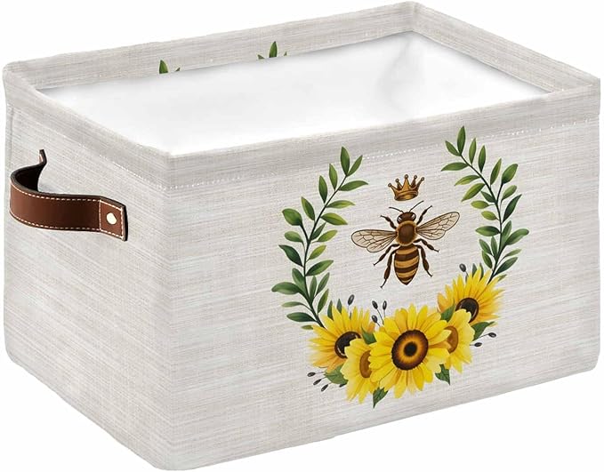 Sunflowers Bees Storage Bins Cubes Waterproof Cloth Storage Basket,Spring Farmhouse Honey Flowers Leaves Foldable Storage Bags for Shelf Clothes Storages Organizers with Handles 15x11x9.5 in 1PCS