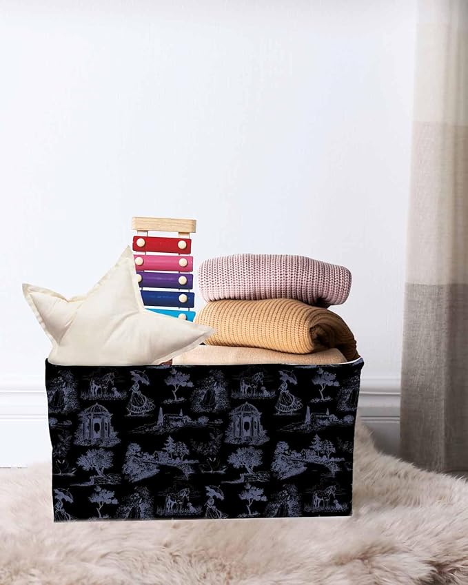 Farmhouse Country Storage Bins Cubes Waterproof Cloth Storage Basket, Vintage Black French Garden Horse Swan Foldable Storage Bags for Shelf Closet Clothes Organizers with Handles 15x11x9.5 in 2PCS