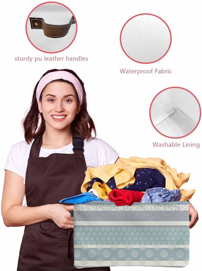 Farm Fruits Storage Bins Cubes Waterproof Cloth Storage Basket,Watermelon Lemons Peach Blue Grey Striped Foldable Storage Bags for Shelf Clothes Storages Organizers with Handles 15x11x9.5 in 2PCS
