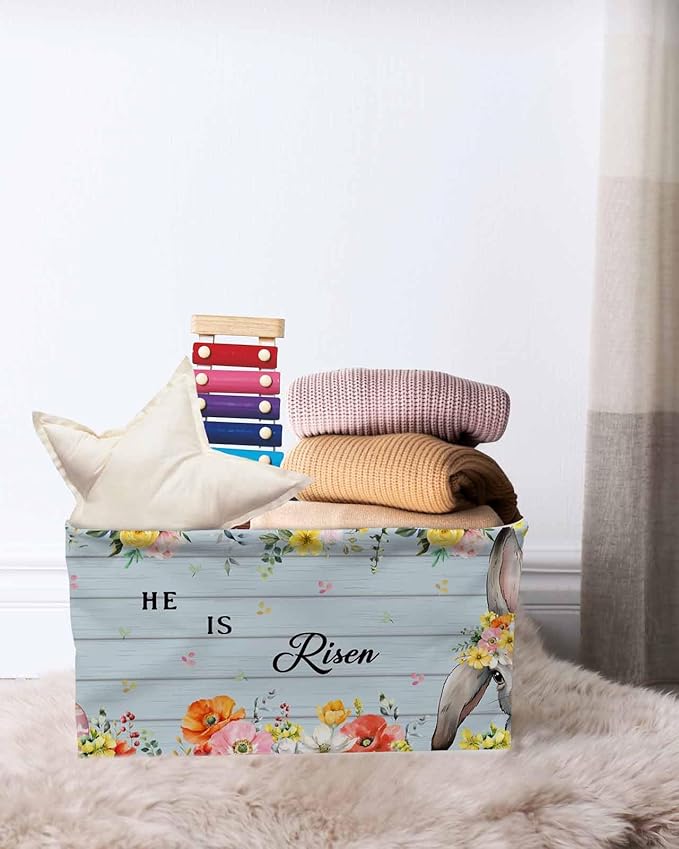 Easter Storage Bins Cubes Waterproof Cloth Storage Basket,Spring Farmhouse Bunny Flower Blue Wood Grain Foldable Storage Bags for Shelf Clothes Storages Organizers with Handles 15x11x9.5 in 1PCS