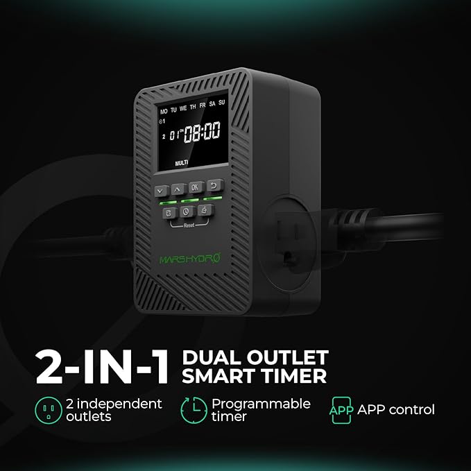 2025 MARS Hydro ITime 2-in-1 Smart Timer Outlet Dual Outlet App Control Custom Programmable 12 On/Off for Home Office and Plant Growth Use