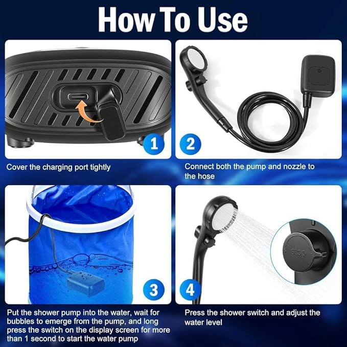 Smart Portable Shower Pump, Rechargeable Shower Pump with High Pressure & 4 Spray Modes,Electric Camping Shower for Outdoor, Pet Bathing & Car Washing,4 Mode