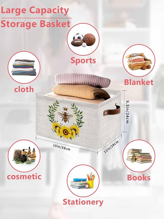 Sunflowers Bees Storage Bins Cubes Waterproof Cloth Storage Basket,Spring Farmhouse Honey Flowers Leaves Foldable Storage Bags for Shelf Clothes Storages Organizers with Handles 15x11x9.5 in 1PCS