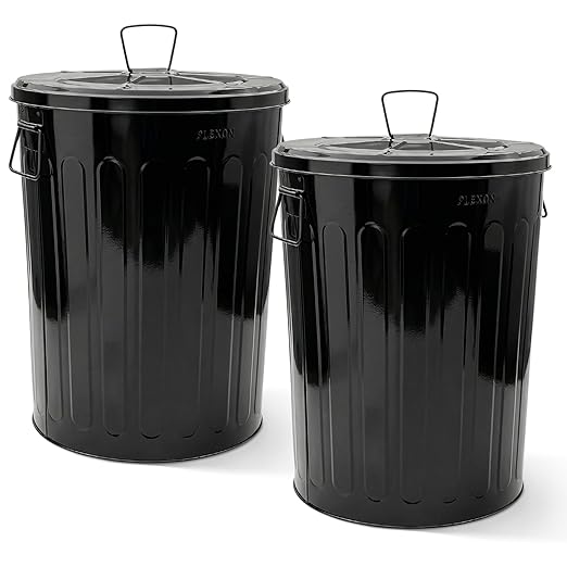 Plexon 20 Gallon Metal Trash Can with Lid Outdoor Large Trash Bin Steel Garbage Can for Garage Patio Farmhouse Bucket Bird Seed Storage Can Heavy Duty Round Container, Black 2 Pack
