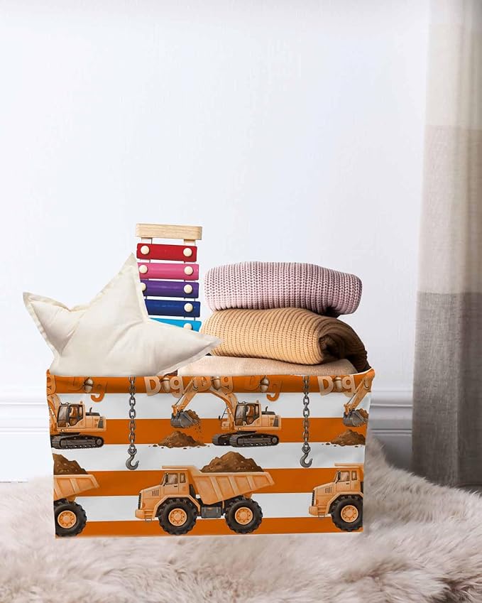 Orange Striped Truck Storage Bins Cubes Waterproof Cloth Storage Basket, Farmhouse Stripes Modern Art Foldable Storage Bags for Shelf Closet Clothes Organizers with Handles 15x11x9.5 in 2PCS