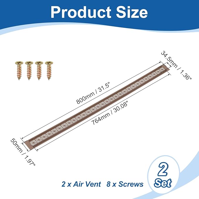 uxcell 2Pcs Aluminum Alloy Air Vents, 800 x 50mm / 31.5 x 2" Rectangle Louvered Ventilation Grille Cover with Mounting Screws for Door Cabinet Wardrobe, Brown