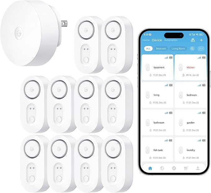 GoveeLife WiFi Water Leak Detector for Home Bundle with sub-Device with 105dB Adjustable Alarm,Water Sensor with 1804ft Long Monitoring Rang
