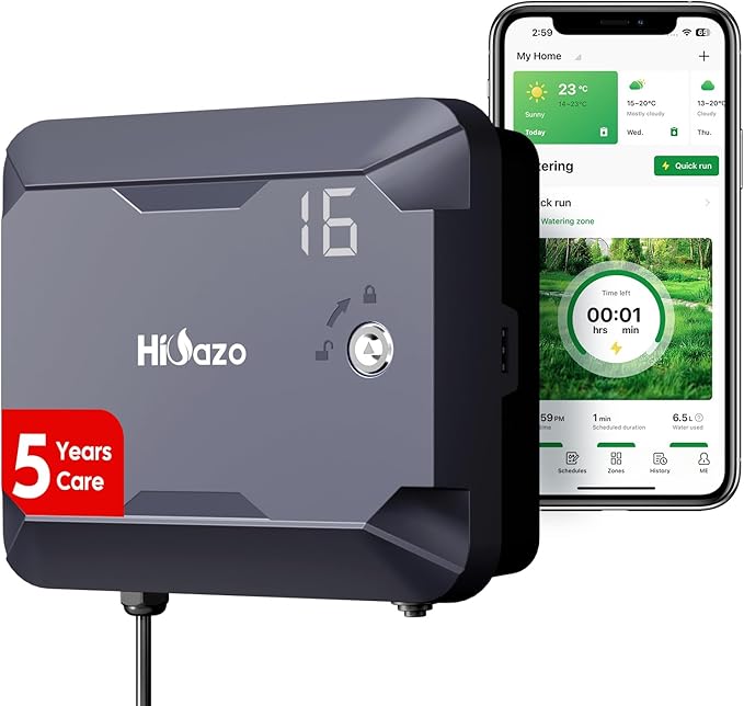 Outdoor Smart Sprinkler Controller with Protector, WiFi Irrigation Controller Easy Use App Enabled, 16 Zones + 16 Plans, Save Water Auto Skip Rain, Freeze & Wind, 10 Minutes Install