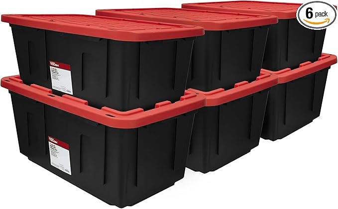 Tough 27 Gallon Plastic Storage Bin with Snap Lid, Stackable, Lockable, Black/Red, Set of 6, Heavy-Duty, Durable, Multi-Purpose Storage Containers for Indoor & Outdoor Use