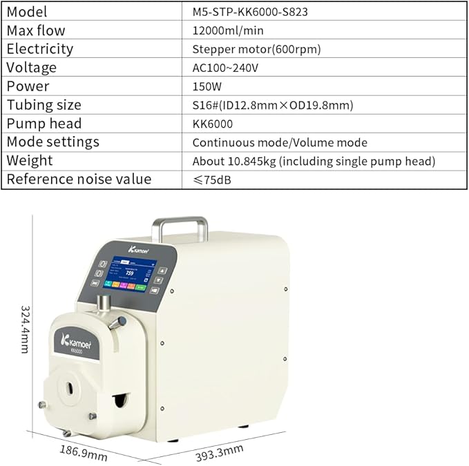 Kamoer 12L/min high flow peristaltic pump stepper motor 100V~240V M5(upgraded by AIP) intelligent WiFi variable speed liquid dosing pump touch screen digital control