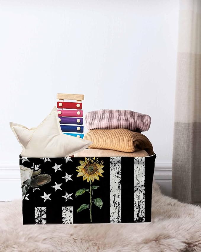 Vintage American Flag Storage Bins Cubes Waterproof Cloth Storage Basket, Farmhouse Cow Sunflowers Foldable Storage Bags for Shelf Closet Clothes Storages Organizers with Handles 15x11x9.5 in 1PCS