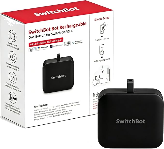 SwitchBot Rechargeable Smart Switch Button Pusher (Bluetooth) – Fingerbot for Rocker/One-Way Buttons, App Timer Control, No Wiring, Optional Hub for Voice/Remote, Black