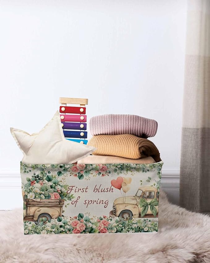 Eucalyptus Trucks Storage Bins Cubes Waterproof Cloth Storage Basket,Spring Farmhouse Floral Leaves Burlap Foldable Storage Bags for Shelf Clothes Storages Organizers with Handles 15x11x9.5 in 1PCS