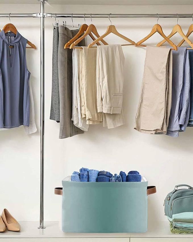 Teal Grey Ombre Storage Bins Cubes Waterproof Cloth Storage Basket, Farmhouse Gradient Minimalist Foldable Storage Bags for Shelf Closet Clothes Storages Organizers with Handles 15x11x9.5 in 1PCS