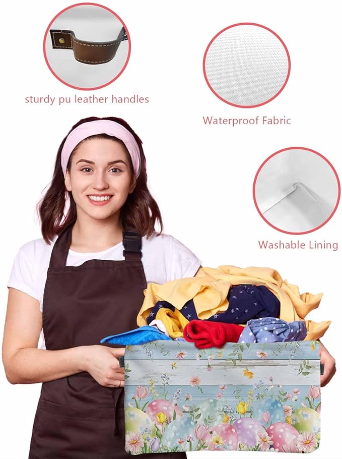 Easter Eggs Storage Bins Cubes Waterproof Cloth Storage Basket,Spring Daisy Eucalyptus Leaves Light Blue Wood Foldable Storage Bags for Shelf Clothes Storages Organizers with Handles 15x11x9.5 in 2PCS