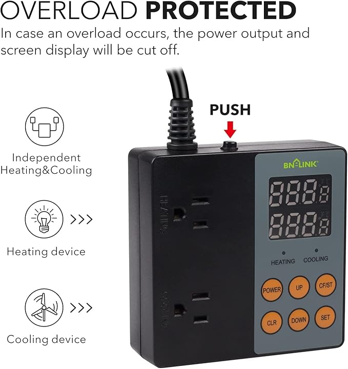 BN-LINK Digital Temperature Controller Heating Cooling 2-Stage Outlet Thermostat Controller Plug for Reptiles Aquarium Carboy Homebrew Breeding Fermenter Seed Germination °C/°F -40-176°F 15A/1875W