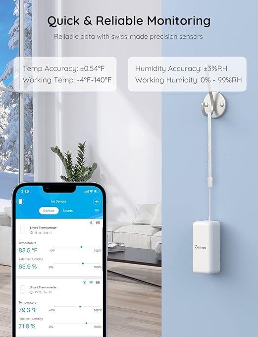 Govee Hygrometer Thermometer H5100, Mini Bluetooth Temperature Humidity Sensor with APP Notification Alert, 2 Years Free Data Storage Export, 230 Feet Connecting Range