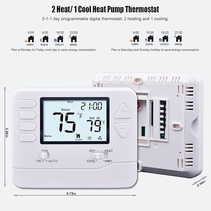 Heagstat H725 5/1/1 Day Programmable Heat Pump Thermostat, 2 Heat/1 Cool DIY Instal, with 4.5 sq. Inch Display