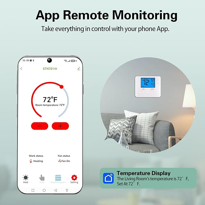 WiFi Thermostats for Home Smart Thermostat Single-Stage 1Heat/ 1Cool, APP Remote Control, 7-Day or 0-Day Programmable. (C-Wire Required)