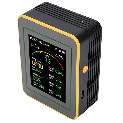 Eujgoov Air Quality Detector, 15 in 1 WiFi APP Control CO2 HCHO TVOC PM2.5 PM10 Temperature Humidity Monitor with Smart Timer and Real Time Data, for Indoor Air Quality Testing (Black Yellow)