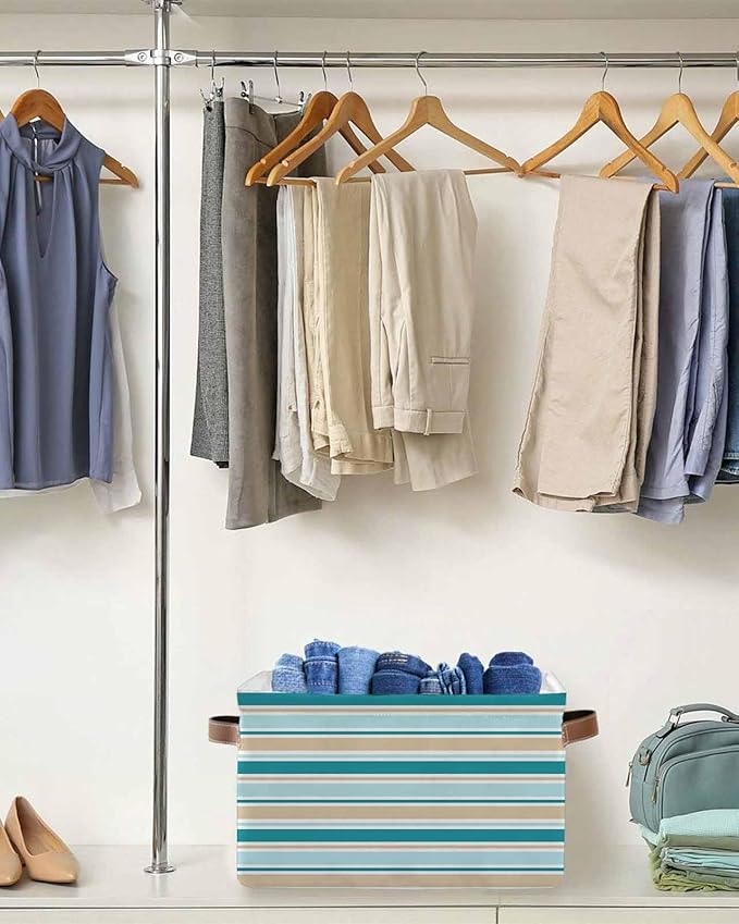 Teal Khaki Striped Storage Bins Cubes Waterproof Cloth Storage Basket,Farmhouse Stripes Modern Abstract Art Foldable Storage Bags for Shelf Clothes Storages Organizers with Handles 15x11x9.5 in 2PCS