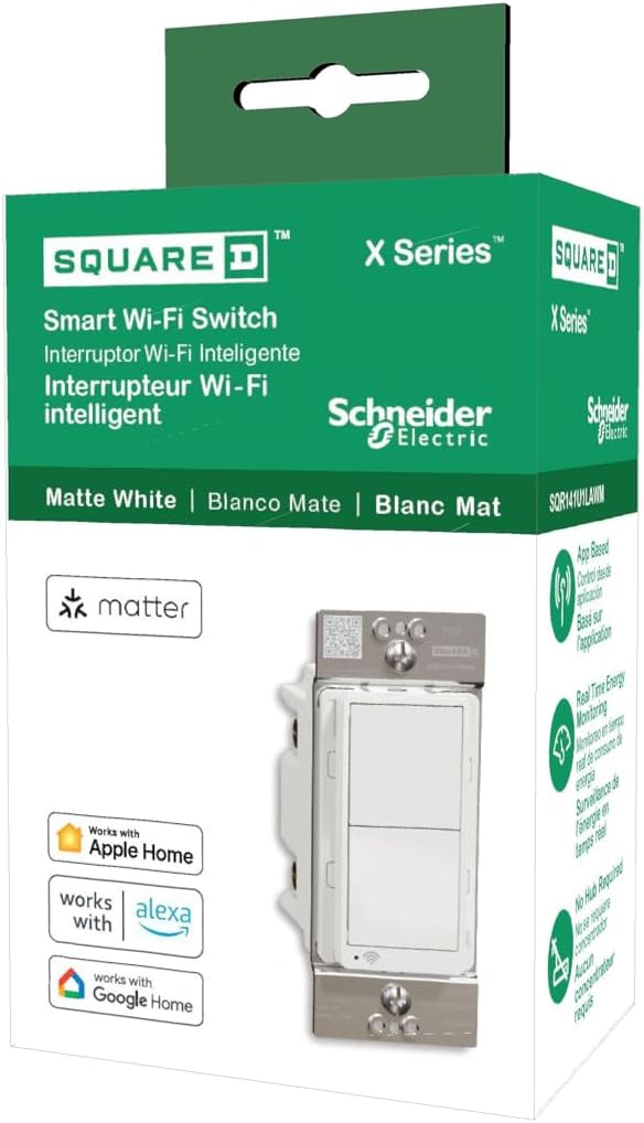 Square D by Schneider Electric X Series 15 Amp WiFi Energy Monitoring Light Switch, Single-Pole/3-way, 600 Watt, Rocker, Matter Certified, Works with Alexa, Google Home, Apple Home, Matte White