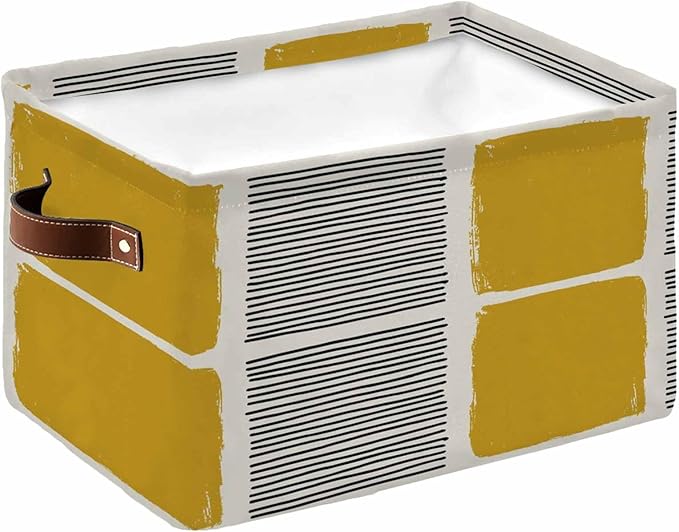 Yellow Storage Bins Cubes Waterproof Cloth Storage Basket,Modern Painting Farmhouse Striped Abstract Art Foldable Storage Bags for Shelf Clothes Storages Organizers with Handles 15x11x9.5 in 1PCS
